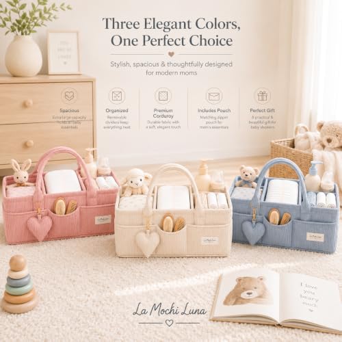 Baby Diaper Caddy Organizer with Matching Zipper Pouch, Soft Corduroy Diaper Storage Basket, Nursery Organizer with Removable Divider, Newborn Essentials, Baby Registry Must Have, Gift for Baby Shower - Image 6