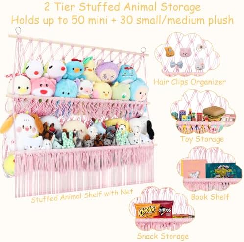 2 Tier Stuffed Animal Storage Shelf Net 35x30'' Large Stuffy Storage Pink - Image 6