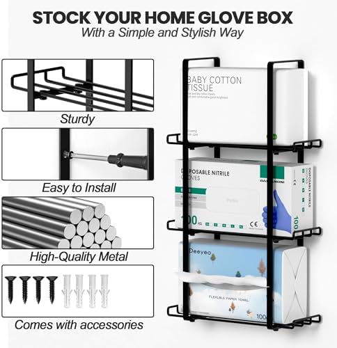Glove Holder Dispenser for Wall Mount Metal Disposable Latex Glove Box Holder for Home Office, Lab and Garage, Tissue Wire Rack Wall-Mounted for Kitchen Organizer Decor, Blak - Image 7