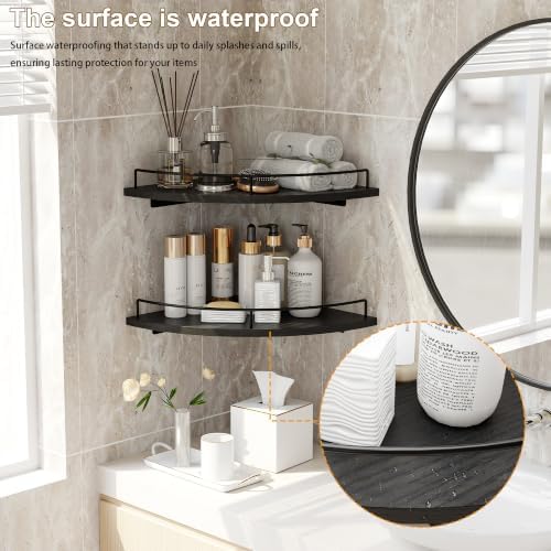 Corner Floating Shelves, Rustic Brown Wood, Set of 2, Wall Mount Storage with Guardrail for Bathroom Kitchen Living Room (Black) - Image 6
