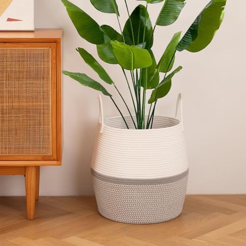 OIAHOMY 60L Blanket Basket with Handle, Storage Basket for Living Room, Laundry Hamper for Clothes, Towels, Pillows, Toy Storage for Kids and Dogs, Baby Hamper for Nursery - Grey & White - Image 6