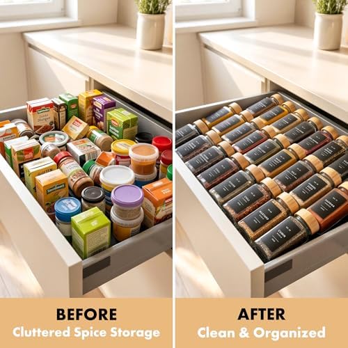 EDELHAUS Glass Spice Jars with Label, 24x Bamboo Wooden Lids - Black Labels - Image 6