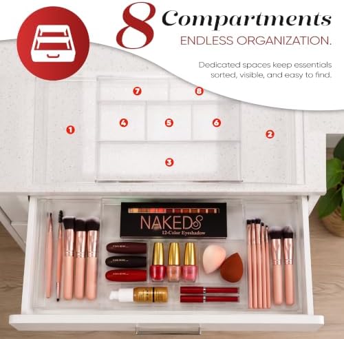 Masirs Expandable Drawer Organizer - Customizable Makeup Vanity Organizing Storage Tray for Bathroom, Bedroom & Desk Drawers - Clear Plastic Cosmetics Organizers with Expanding Compartment (Set of 2) - Image 6