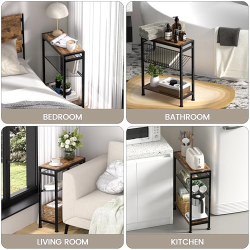 Small Side Table Set of 2 for Small Space, 3-Tier Narrow End Table with Magazine Holder, Slim Nightstand, Skinny Snack Couch Table in Living Room, Bedroom and Balcony (Rustic Brown &Black) - Image 6