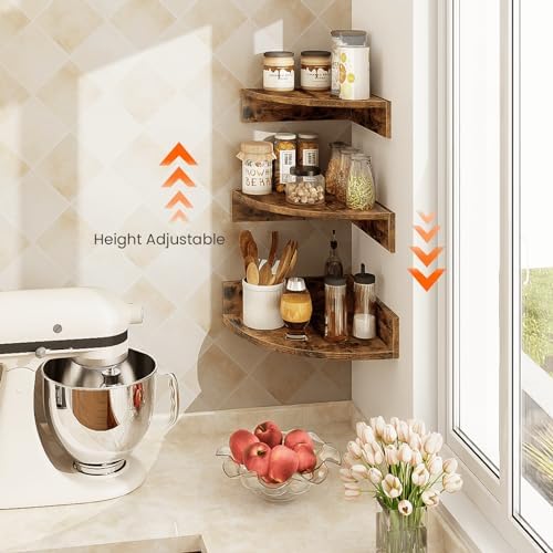 Homode Corner Shelf Wall Mount, Set of 3 Floating Corner Shelves with Cord Hole, 3 Tier Wood Wall Display Shelf, Storage for Bathroom Living Room Kitchen Bedroom, Rustic Brown and Black - Image 6
