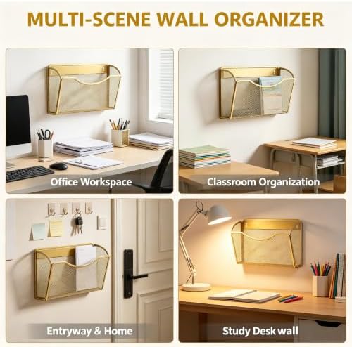 Gawerk Mesh Hanging Wall File Holders, Metal Vertical Wall Basket Mail Organizer for Office/Home (Gold, 6 Pack Wall Mounted) - Image 5