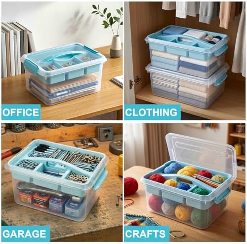 Yesland Stack & Carry Box with Removable Tray, 16 x 11 x 6.5 Inch Plastic Art Supply Storage Organizer Craft Storage Containers with Handle, Portable Organizer Bin for Stationery Sewing Jewelry, Blue - Image 7
