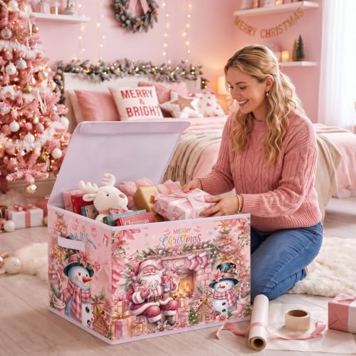 Briwooody Pink Christmas Storage Bin with Lid and Carrying Handle Pink Santa Claus Foldable Storage Box Large Snowman Collapsible Container Basket for Organizing Closet Home Bedroom Xmas Gift - Image 6