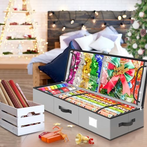 BlessedSeason Wrapping Paper Storage Organizer for 40 Inch Christmas Gifts Wrapping Paper, 2 Visible Supplies Pockets for Holiday Accessories, Christmas Decoration Storage Containers, Grey - Image 7