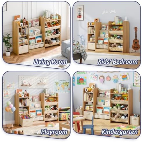 Kids Bookshelf and Toy Storage with 7 Removable Bins, 52 inch, Burlywood - Image 7