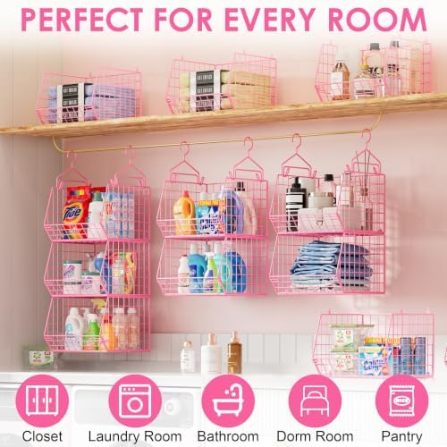 5 Tier Closet Hanging Organizer, Clothes Hanging Shelves with 4 Hanging Hooks 5 S Hooks, Wire Storage Basket Bins, for Clothing Sweaters Shoes Handbags Clutches Accessories Patent Design-Pink - Image 7