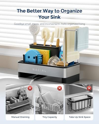 Nacial Kitchen Sink Organizer, Sink Caddy with Sponge & Tall Brush Holder - Image 6