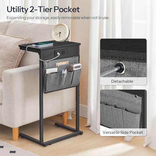 HOOBRO C Shaped End Table with Charging Station, Slide Under Couch Table - Image 6