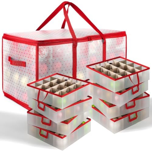 Hearth & Harbor Christmas Ornament Storage Box With 8 Inner Tray Dividers - Plastic Ornament Storage Container For 128 Holiday Ornaments or Decorations - Red by HearthHarbor