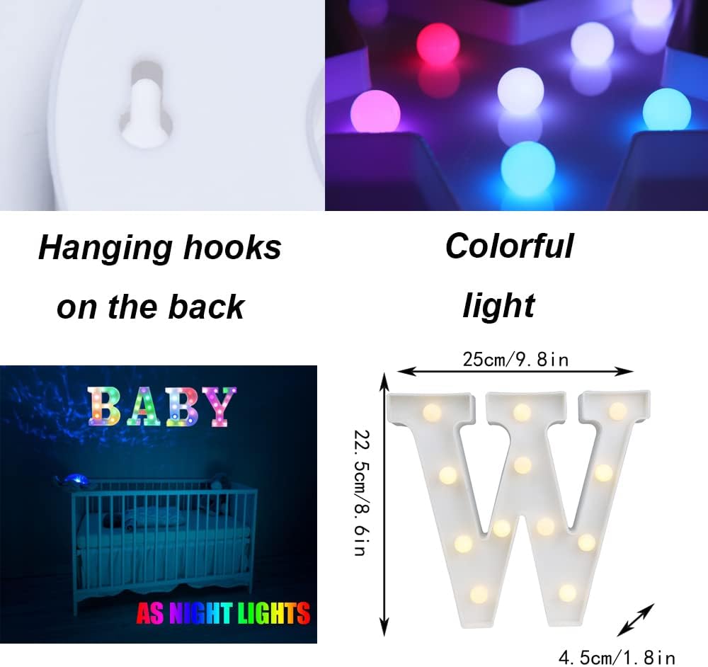 Light Up Colorful LED Marquee Letter lights, 18 Colors Changing Alphabet Letters Sign with Remote Timer for Night Light Girls Bedroom Wedding Birthday Party Lamp Christmas Home Bar Decor- Colorful W