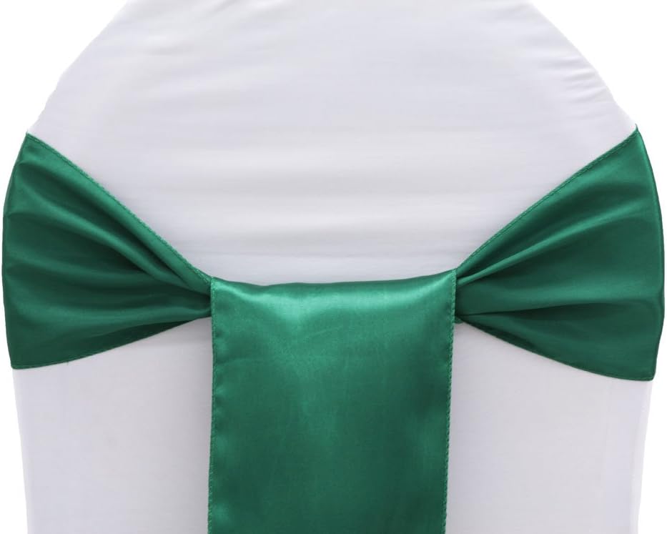 MDS Pack of 150 PCS Satin Chair Sashes Charmeuse Sateen Dining Chair Bows Ribbon Ties Back Sash for Wedding Party Birthday Home Hotel Restaurant Banquet Decoration (7 x 108 Inch, Emerald Green)