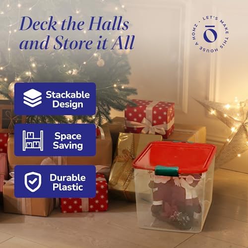 HOMZ Holiday Tote Storage Bin w/Lid & Dividers, 31 Qt, Clear/Red, 4 Pack - Image 6