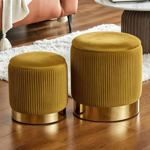 YYW HOME Round Ottoman with Storage, Yellow Velvet, Set of 2 - Image 6
