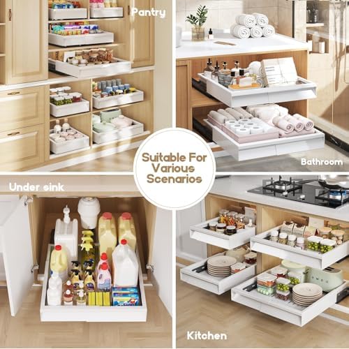 Seinloes Pull Out Cabinet Organizer, 4-Side Expandable to Fit Most Cabinets, 3 Rail Slide Out Drawers with Raising Pad for Framed & Frameless Cabinets, 11"-16" W x 13"-17" D, White, 2 Pack - Image 7