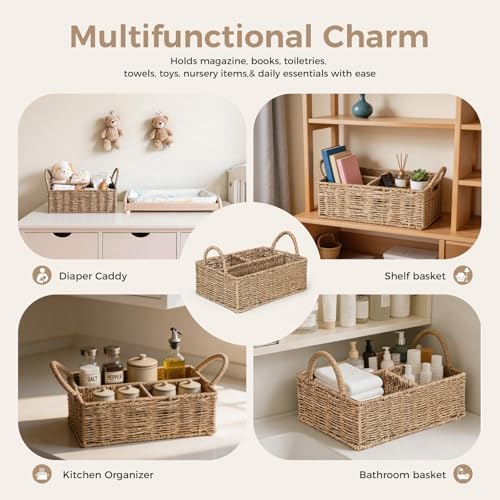 Diaper Caddy Organizer, Hand Rattan Nursery Baby Basket Changing Table Organizer for Baby Essentials, Baby Shower Gifts, Versatile Shelf Basket Bathroom/Kitchen Organizer (Natural Beige, L) - Image 7
