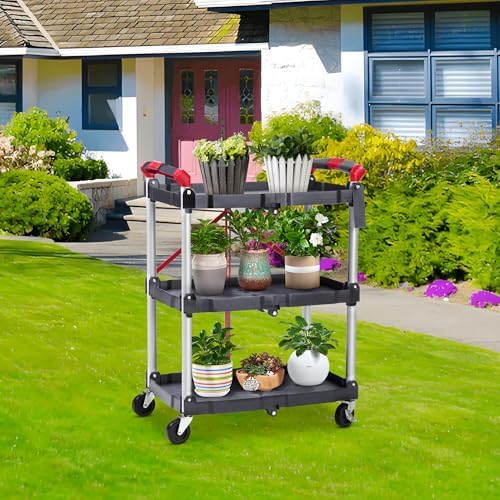 Heavy Duty 3-Tier Collapsible Utility Cart for Office & Home – Collapsible Rolling Service Cart, 56 lb Capacity, No Assembly, Lockable Wheels, Multi-Purpose Organizer, Grey - Image 7