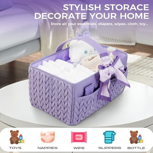 Luxurious Baby Diaper Caddy, Nursery Storage Basket for Newborn Boy and Girl, Travel Baby Basket for Diapers Baby Wipes, Organizer Tote Bag Storage Bin, Baby Shower Gifts (purple) - Image 6