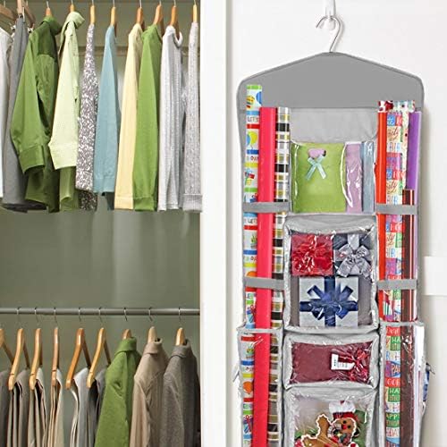 ProPik Hanging Double Sided Christmas Gift Wrapping Paper Storage Organizer With Multiple Pockets Organize Your Gift Wrap, Gift Bags Bows Ribbons 40"X17" Fits 40 Inch Rolls Clear PVC Bag 1 Unit (Grey) - Image 7