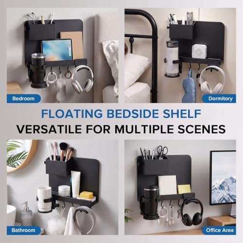Floating Bedside Wall Shelf, Metal Bedside Wall Organizer (Balck) - Image 7