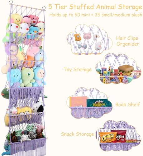 5 Tier Stuffed Animal Storage Shelf Net, 17x61'' Plushie Net,Purple - Image 6