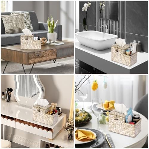 Sumnacon Tissue Box Cover Square Tissue Box Woven Seagrass Tissue Box Holder with Side Organizer, Rustic Tissue Holder for Living Room Bathroom Bedroom Kitchen Office Table Desk, White - Image 7