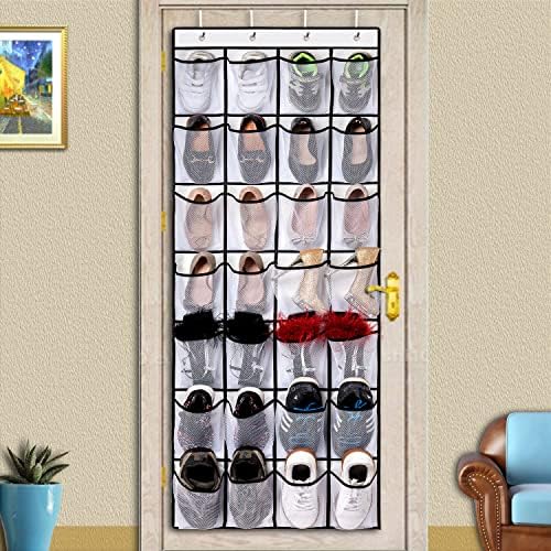 REGELETO 2 Pack 28 Pocket Over the Door Shoe Organizer, Hanging Shoe Rack for Door Large Capacity Shoe Organizer Holder with 4 Metal Hooks (White-2Pack) - Image 6