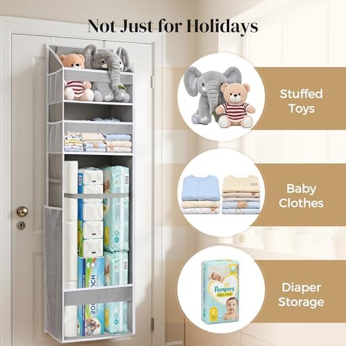 Ordovibe Wrapping Paper Storage Organizer – Over The Door Hanging Gift Wrap Holder for 15-30" Rolls, Space Saving Closet Organizer for Christmas, Halloween, Birthday with Side Mesh Pockets Gray - Image 7