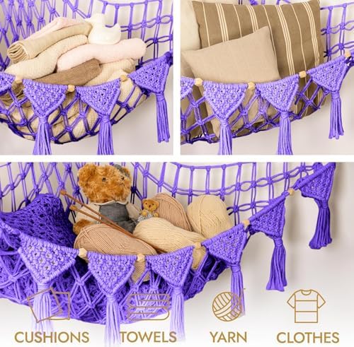 TIDYTEDS Macrame DreamLights Boho Stuffed Animal Storage Net Hammock Extra Large Plush Toy Storage Holder For Small Or Large Plushies PURPLE (Purple) - Image 6