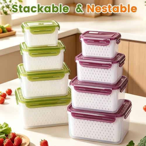TBMax 8 Pieces Airtight Fruit Storage Containers for Fridge with Air Circulation Vent, 4 Pack Produce Saver with Colander for Berry Lettuce Salad Vegetable Storage, Refrigerator Organizers -Purple - Image 7