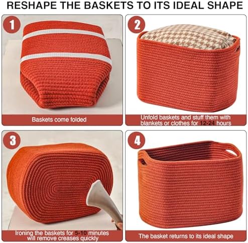 ICERZCZ Storage Baskets for Organizing, Storage Basket for Shelves, Toy Towel Basket for Bathroom Nursery, Woven Cotton Rope Baskets for Decor, 15"x11"x9.5", 3 Packs, Brick Red - Image 7