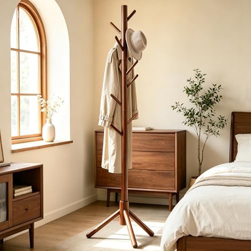 Wooden Coat Rack Freestanding with 8 Hooks & 3 Adjustable Sizes for Clothes, Space-Saving Design for Bedroom Office Entrance Holds Hats Coats Scarves Bags - Image 7