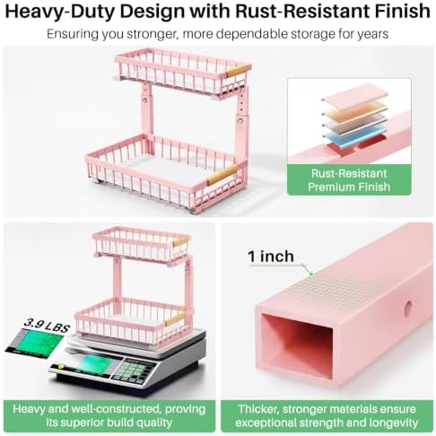 Kitstorack Under Sink Organizer, 2 Tier Under the Sink Storage, Slide out Pull out Cabinet Organizer Shelf, Metal Sliding Drawer for Kitchen Bathroom Pantry Closet Organization Rack, Pink, 1 Pack - Image 7