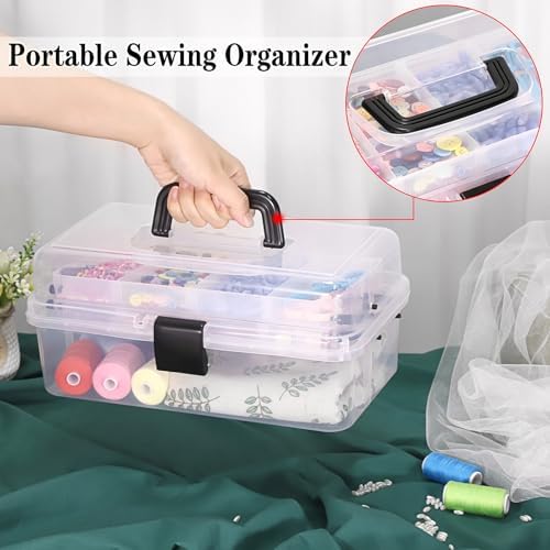 BTSKY 3-Layer Clear Plastic Dividing Storage Box Craft Organizer and Storage with Adjustable Spacers Portable Handled Art Supply Organizer Multipurpose Home Utility Box Sewing Organizers(Clear+Black) - Image 6