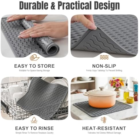 2 Pack Silicone Dish Drying Mat for Kitchen Counter Shower Caddy Rack Waterproof Under Sink Placemats Trivets Coffee Bar Accessories Dog Food Items Must Haves Extra Large 24"x18" Gray - Image 6