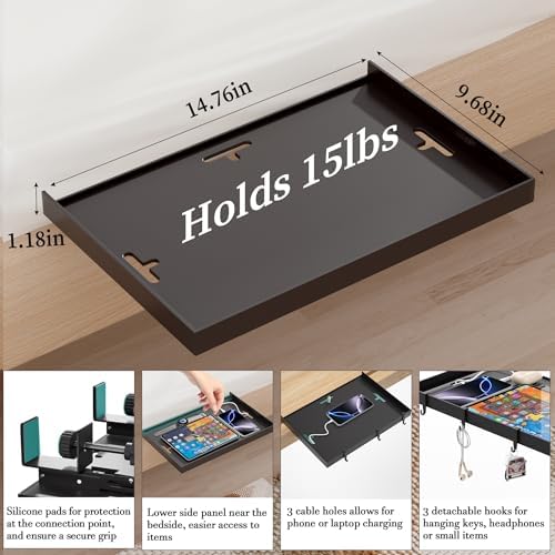 Foldable Bedside Shelf, Metal Clip-On Bed Tray Table for Bunk Bed & Dorm Beds, Dorm Room Essentials Organizer for College Students, Floating Tray, Space Saving Nightstand for Loft Beds (Black, Large) - Image 6