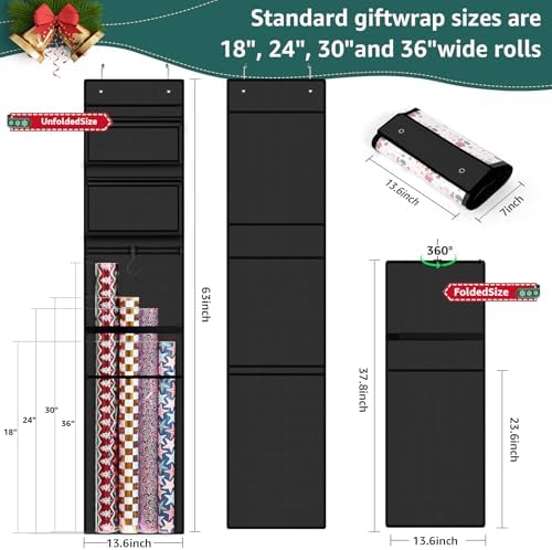Hanging Wrapping Paper Organizer Storage, Over Door Gift Wrap Roll Holder - Image 6