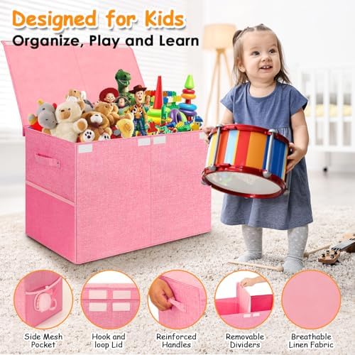 Large Toy Storage Box with Lid Upgraded Toy Chest Organizer with Removable PP Divider Foldable Toy Bin for Kids Boys Girls Linen Fabric Toy Box for Playroom Nursery Bedroom (25"x13"x16") - Image 6