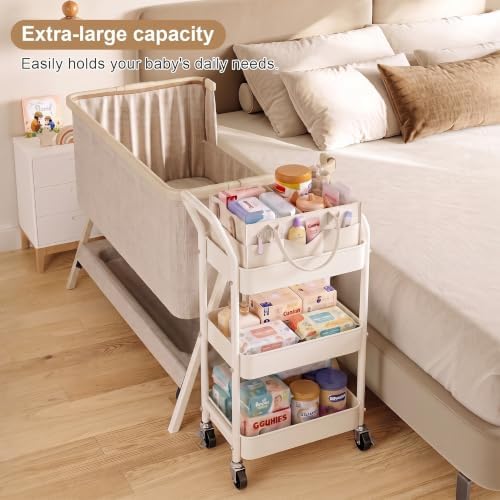 3 Tier Baby Diaper Caddy Cart with Removable Dividers and Wheels,Off-White - Image 7