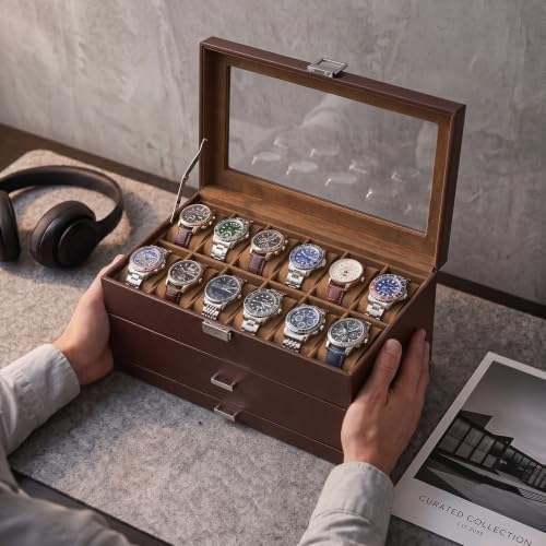 ProCase 3-Layer Watch Box with Glass Lid for Men, 24-Slot, Brown - Image 7