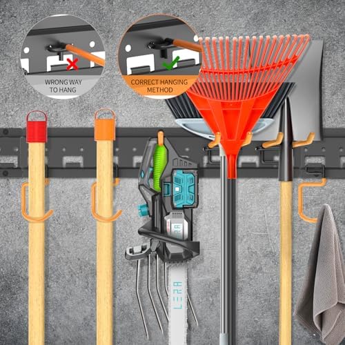 Garden Tool Organizer Wall Mount - Garage Storage and Organization Yard Tool Hanger with Adjustable Pegboard Hooks Shed Rack for Broom Mop Shovel Rake Trimmers, 64 inch Max 750lbs, Black - Image 6