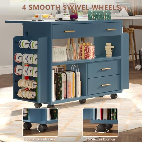 Gift Wrapping Station Cart with Foldable Drop Leaf, Crafting Storage Table - Image 6