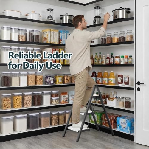WOA WOA 3 Step Ladder, Foldable Step Stool, 300lbs Load, Black & White - Image 7