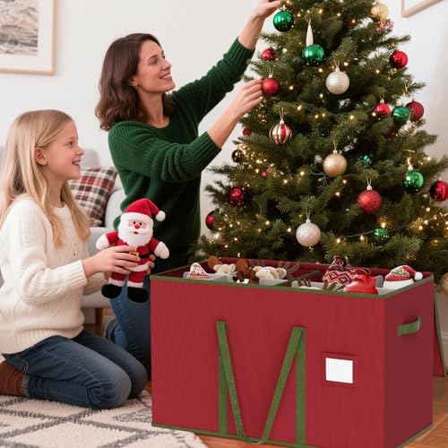 Christmas Figurine Storage Box for 15-Inch Figurines and Nutcrackers, Holiday Decor Organizer with Adjustable Dividers, 8 Slots and 2 Pockets, Dual Zippers, 600D Oxford, 24.8"x12.2"x15.2" ,Red - Image 7
