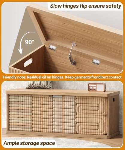Akxomel 45.3" Fluted Storage Chest Wooden Storage Trunk 2 Safety Hinges Oak - Image 7
