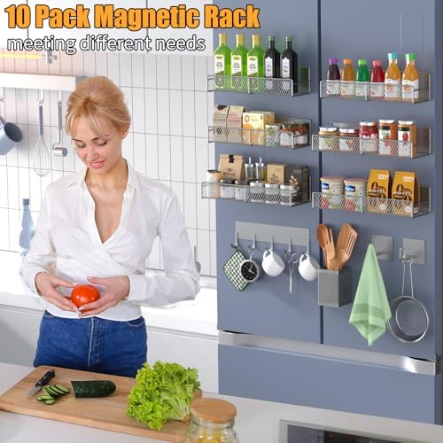 Magnetic Spice Rack for Refrigerator, 10 Pack 100% Metal Strong Magnet Shelf, Moveable Spice Organizer W/ Adjustable Paper Towel Holder, Hook Rack & Utensil Caddy, Home Kitchen Laundry Storage, Grey - Image 6